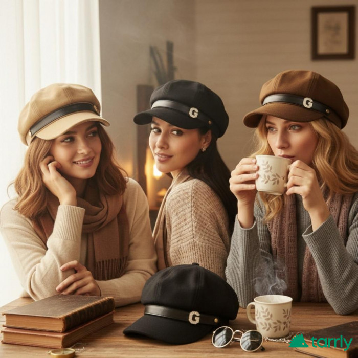 Снимка номер 1 за Елегантна дамска шапка тип фуражка с декоративна лента и мет